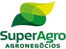 logomarca superagro composta de elementos gráficos em forma de folhas sobrepostas variando de posição e cores do amarelo até o verde com o nome da empresa e assinatura logo abaixo 